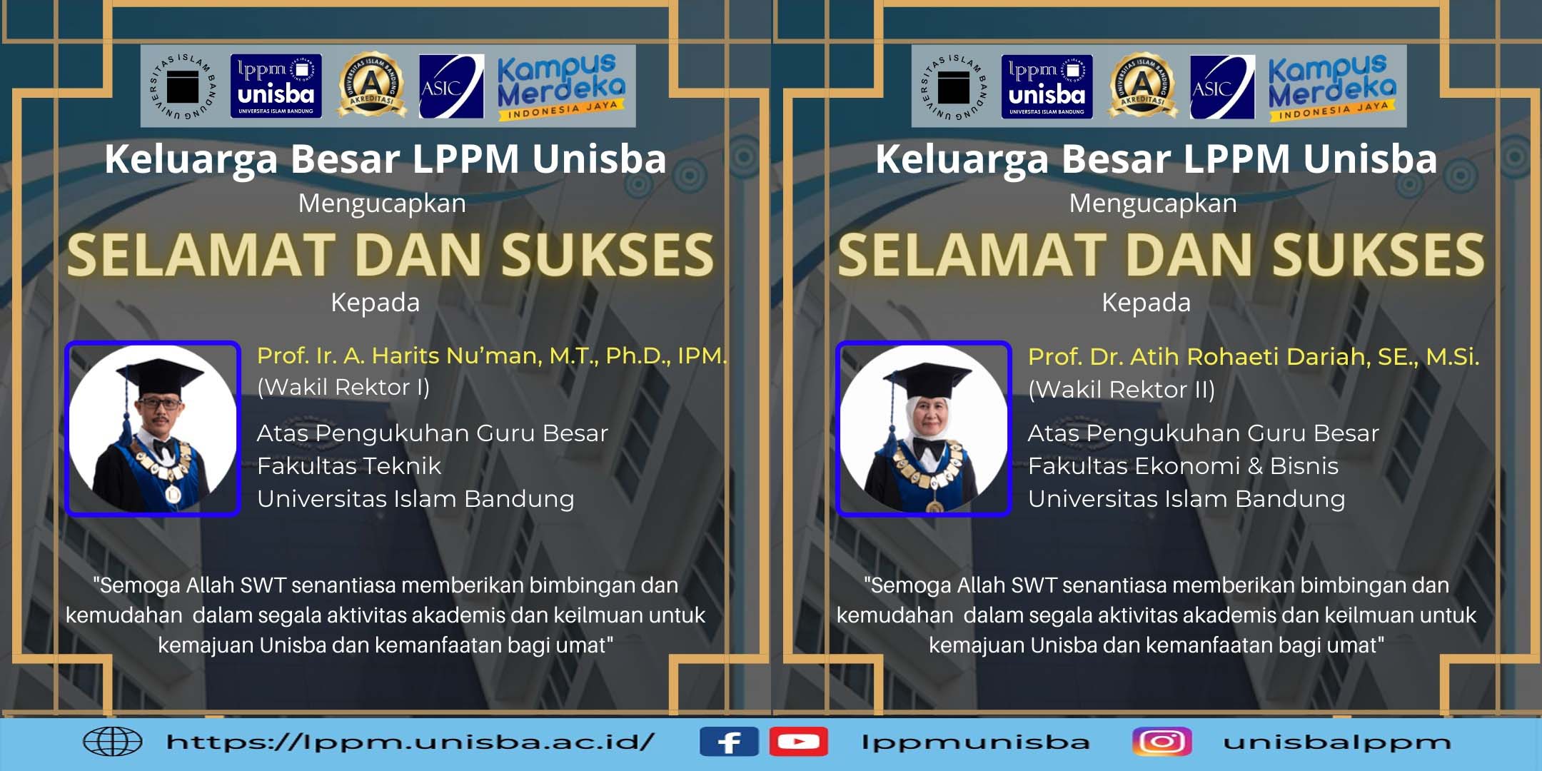 Keluarga Besar LPPM – UNISBA mengucapkan Selamat & Sukses atas Pengukuhan Dua Guru Besar Universitas Islam Bandung